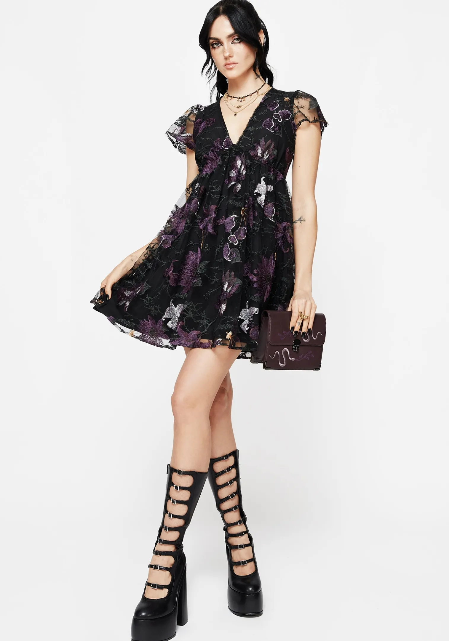 Estrid Embroidered Mesh Flute Sleeve Mini Dress