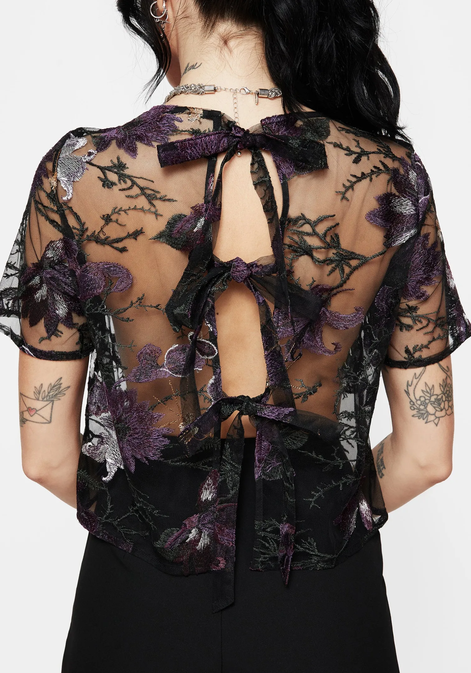 Estrid Embroidered Mesh Tie Back Blouse Top