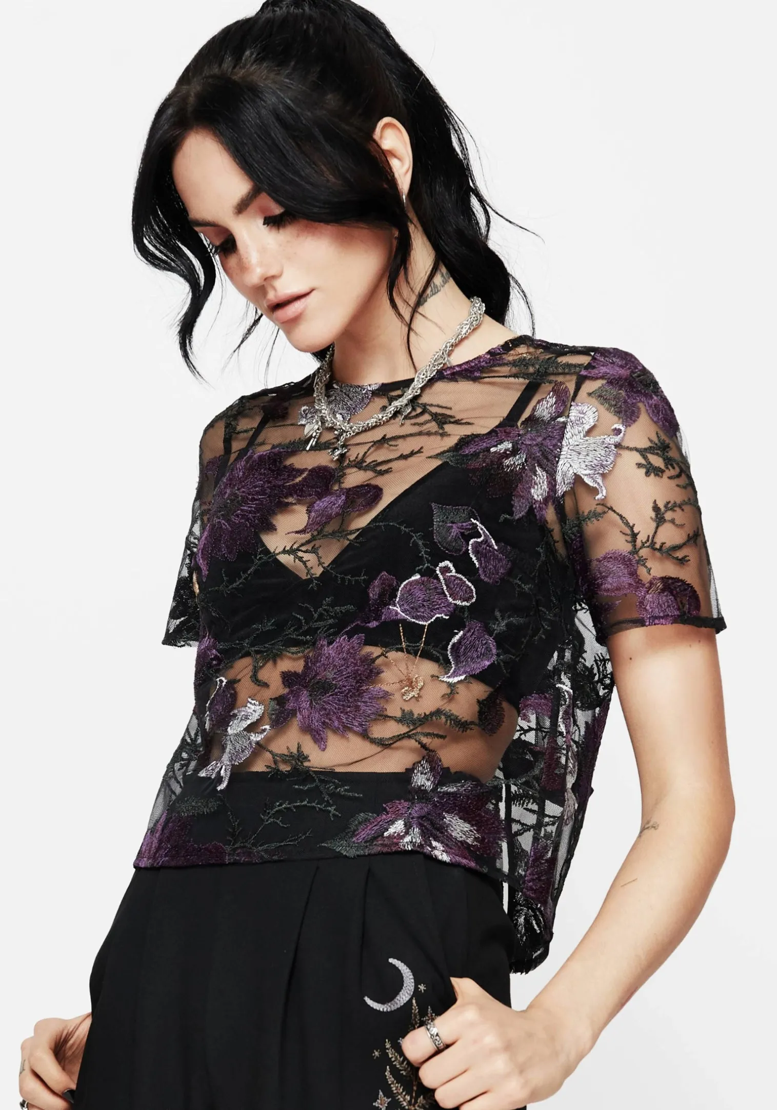 Estrid Embroidered Mesh Tie Back Blouse Top