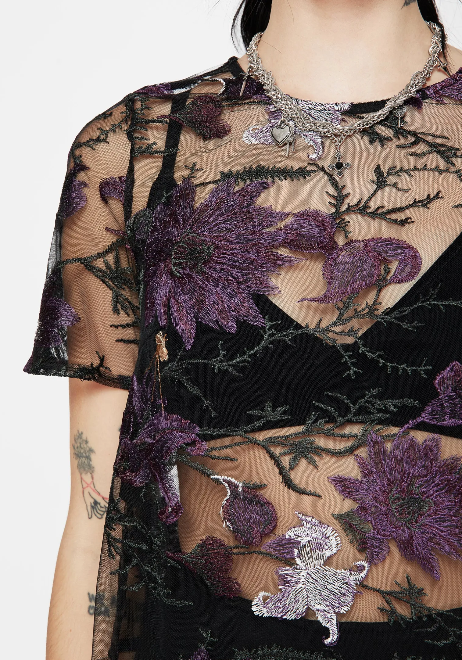 Estrid Embroidered Mesh Tie Back Blouse Top