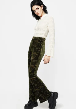 Faefire Foil Print Velour Split Slim Flare Trousers - Green