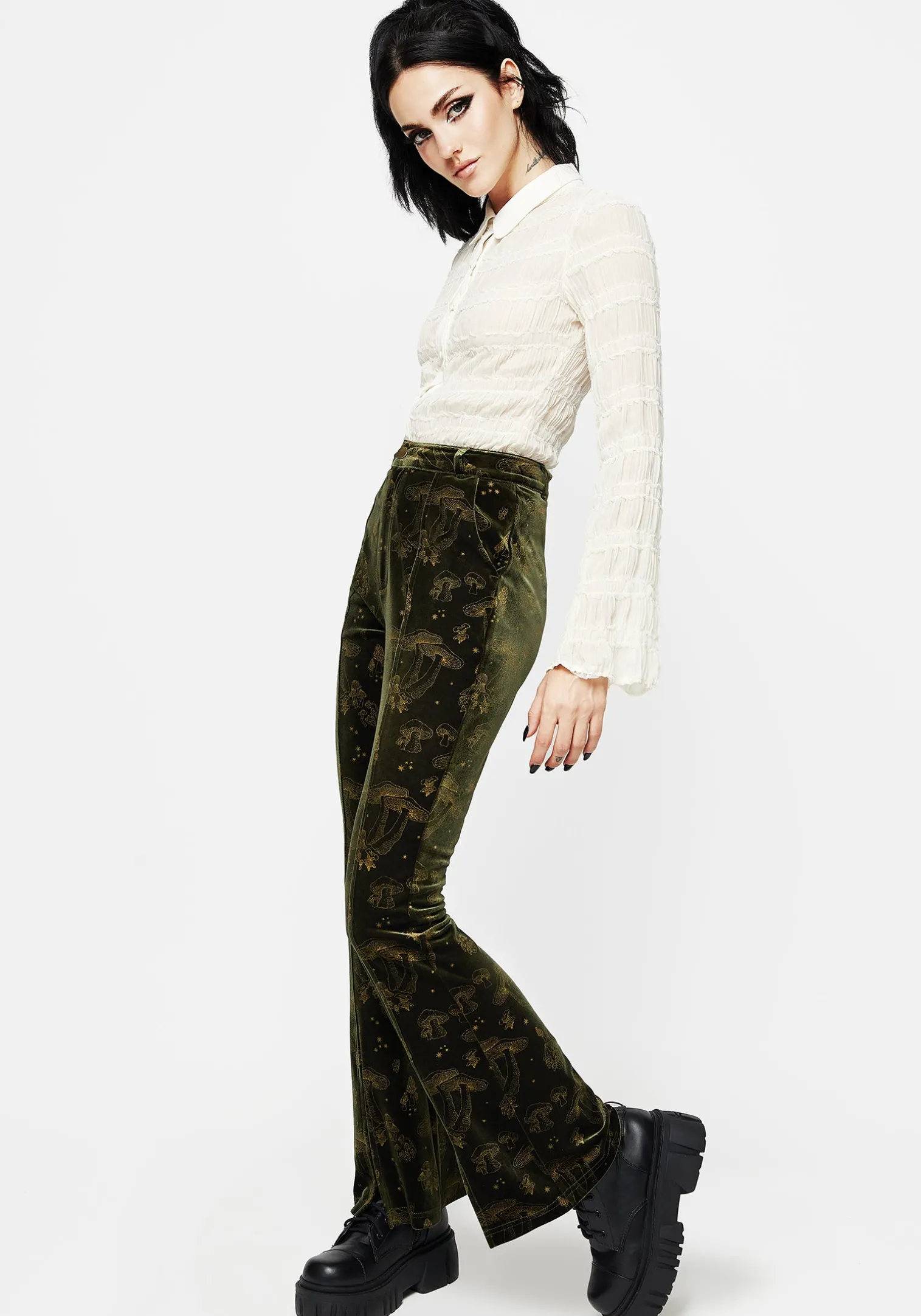 Faefire Foil Print Velour Split Slim Flare Trousers - Green