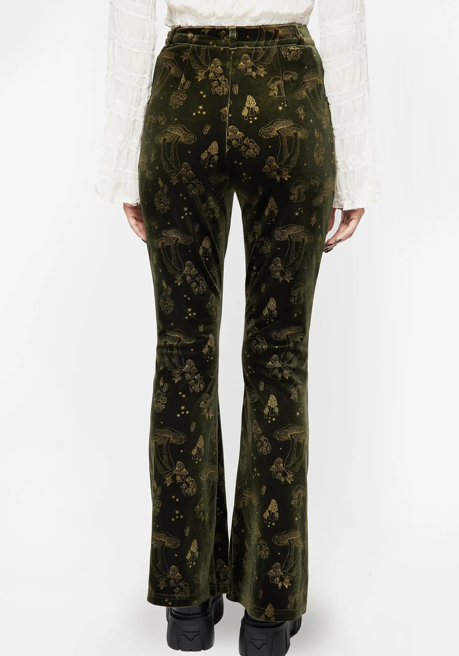 Faefire Foil Print Velour Split Slim Flare Trousers - Green