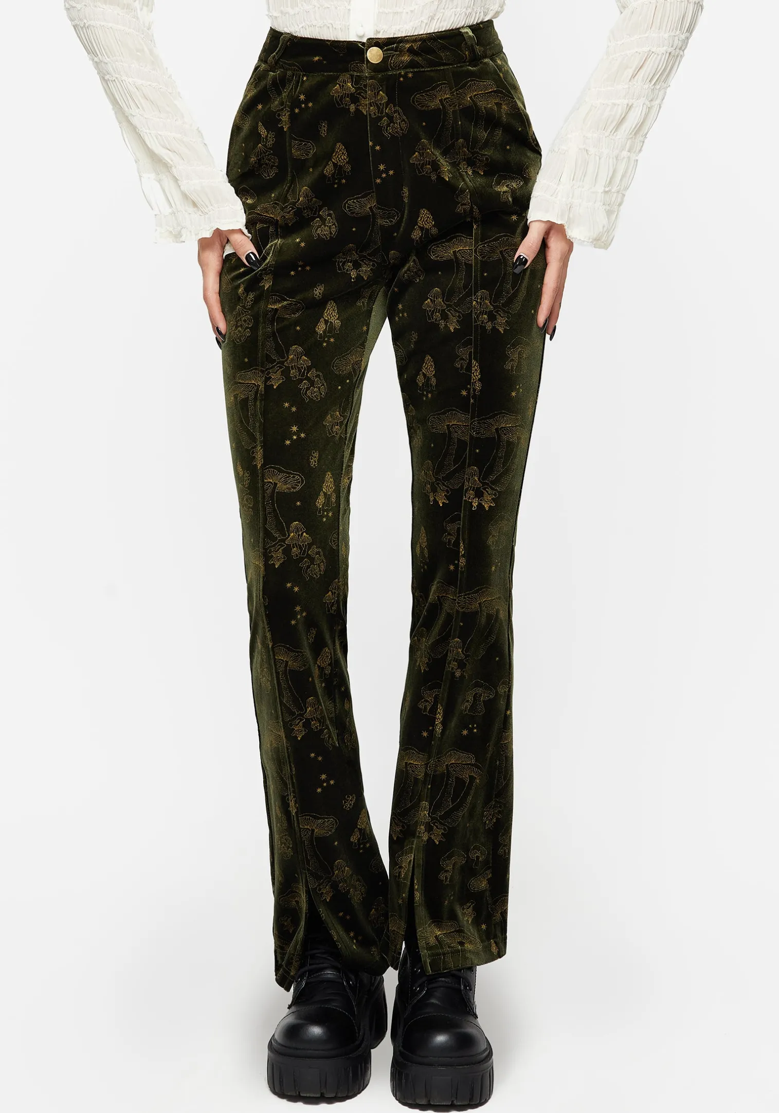 Faefire Foil Print Velour Split Slim Flare Trousers - Green