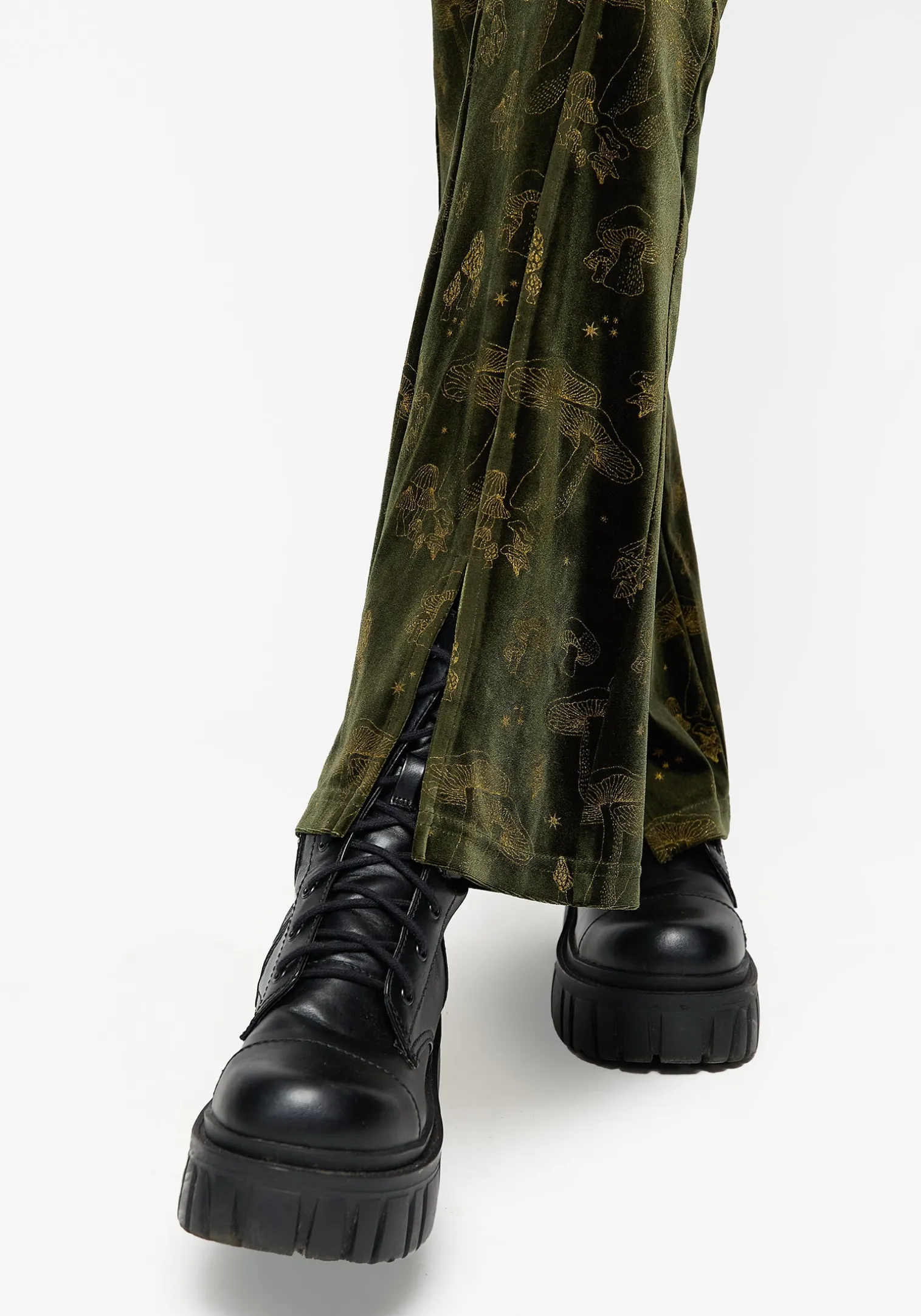 Faefire Foil Print Velour Split Slim Flare Trousers - Green