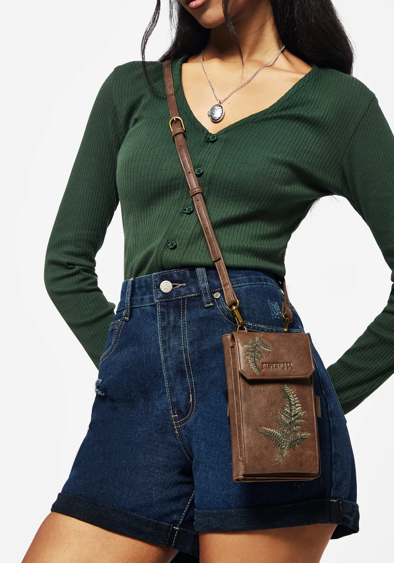 Fern Embroidered Crossbody Phone Bag