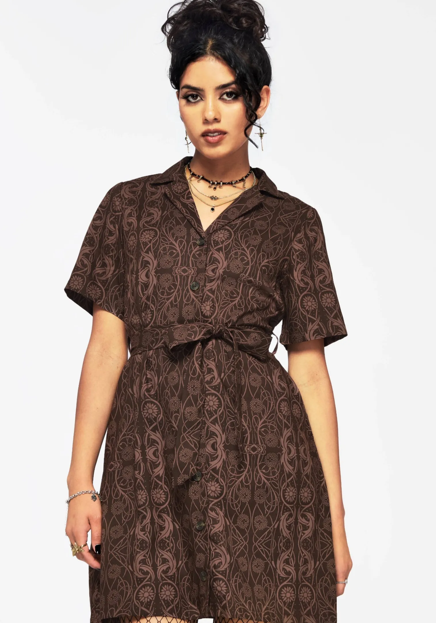 Fianna Button Front Mini Dress - Brown