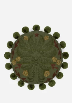 Foliate Embroidered Pom-Pom Round Cushion