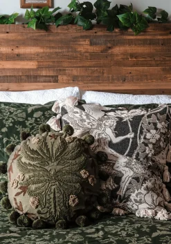 Foliate Embroidered Pom-Pom Round Cushion