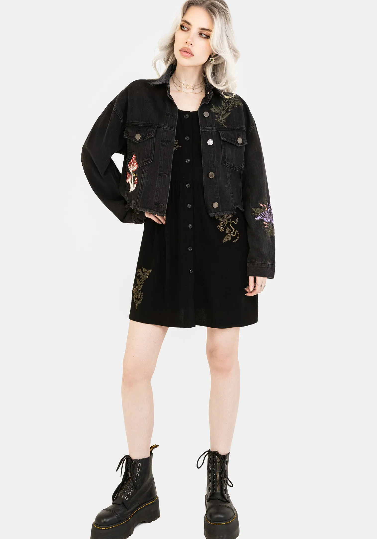 Foliate Linen-Blend Embroidered Button Up Mini Dress - Black