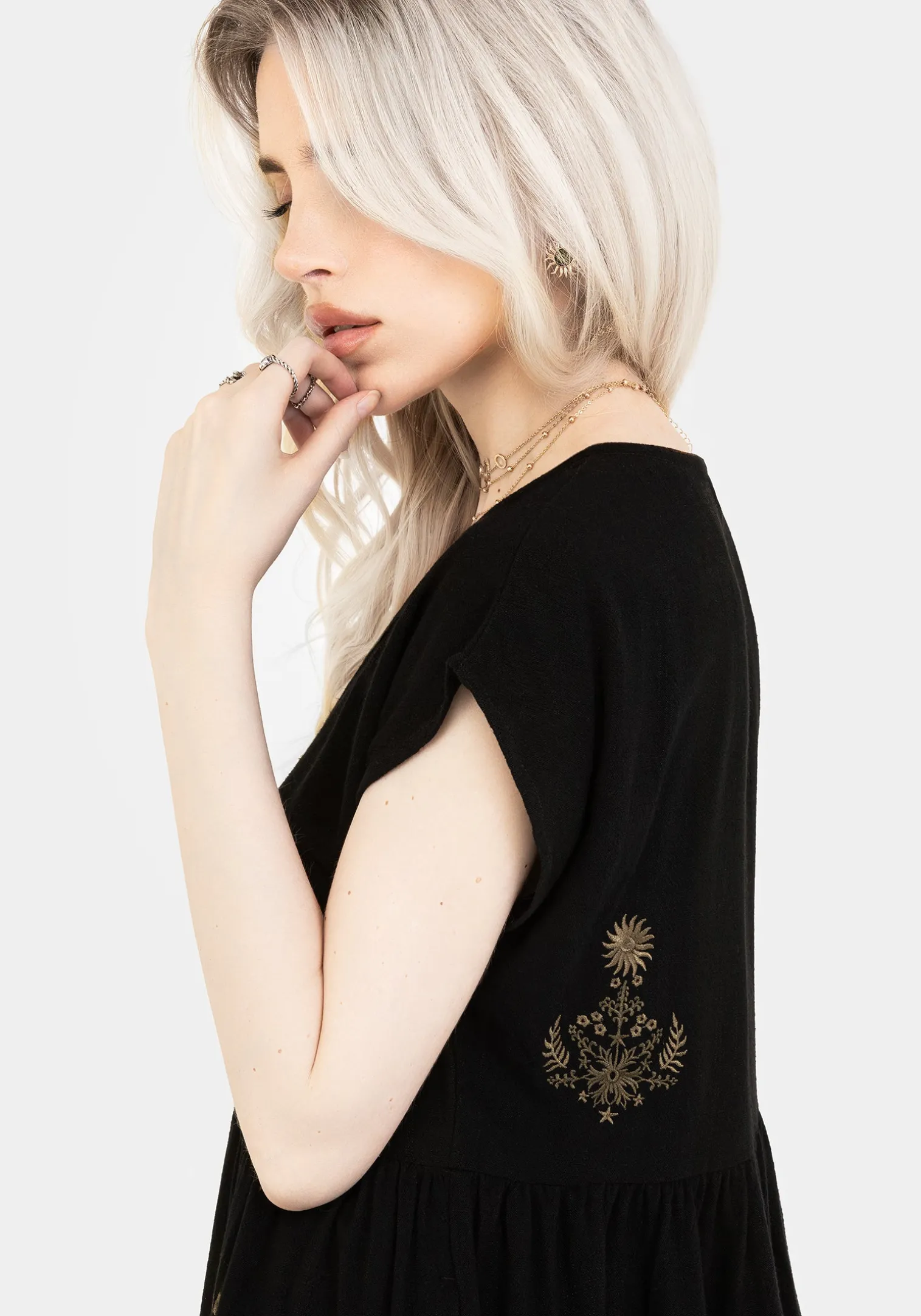 Foliate Linen-Blend Embroidered Button Up Mini Dress - Black