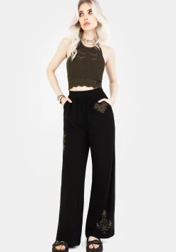 Foliate Linen-Blend Embroidered Wide Leg Trousers - Black