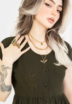 Foliate Linen-Blend Embroidered Button Up Midi Dress - Green