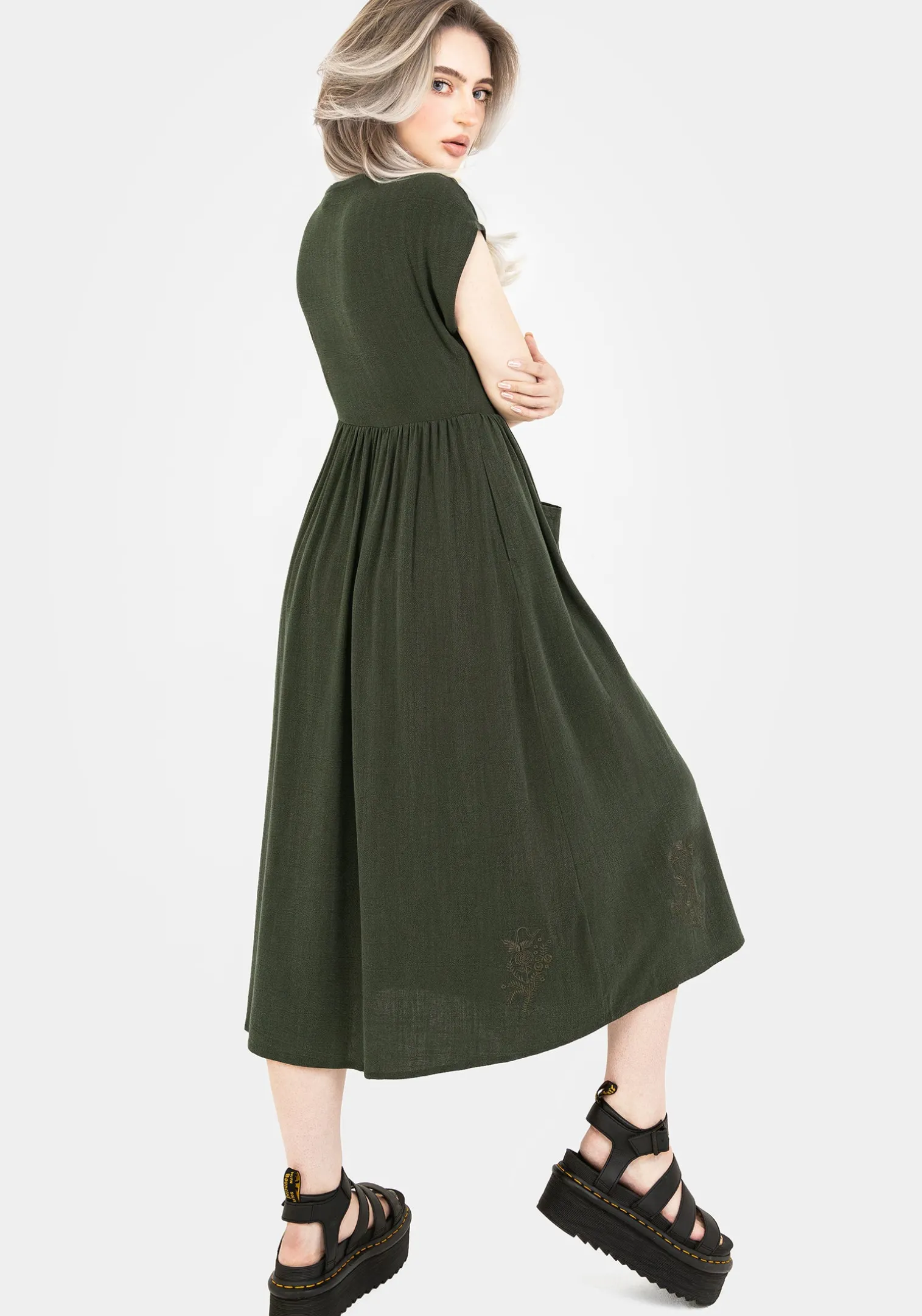 Foliate Linen-Blend Embroidered Button Up Midi Dress - Green