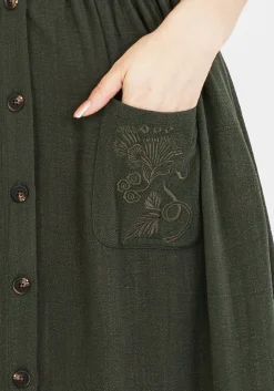 Foliate Linen-Blend Embroidered Button Up Midi Dress - Green