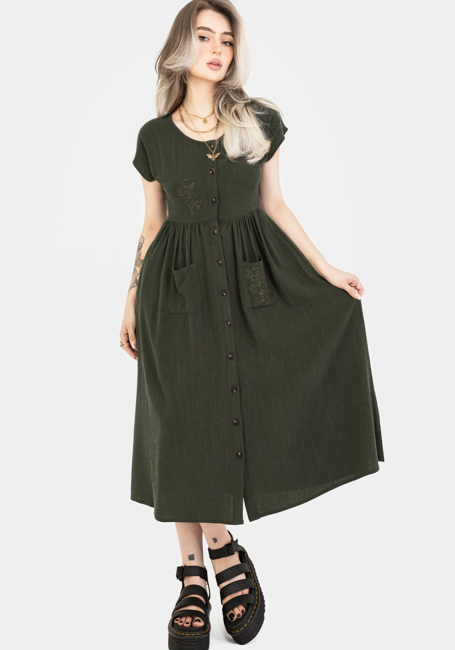Foliate Linen-Blend Embroidered Button Up Midi Dress - Green