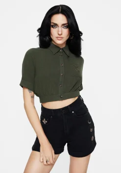 Foliate Linen-Blend Embroidered Short Sleeve Crop Shirt - Green