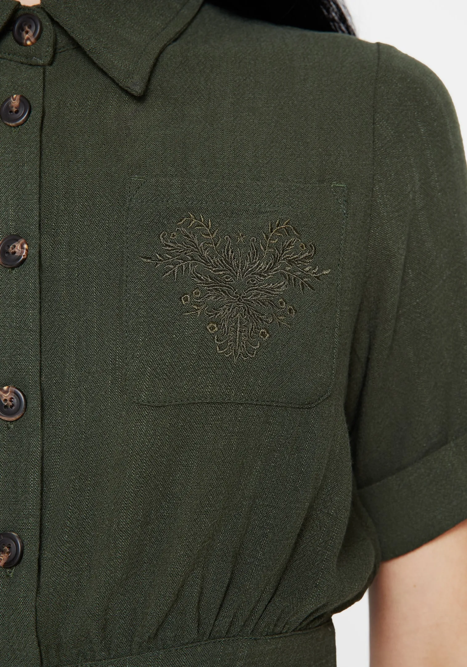 Foliate Linen-Blend Embroidered Short Sleeve Crop Shirt - Green