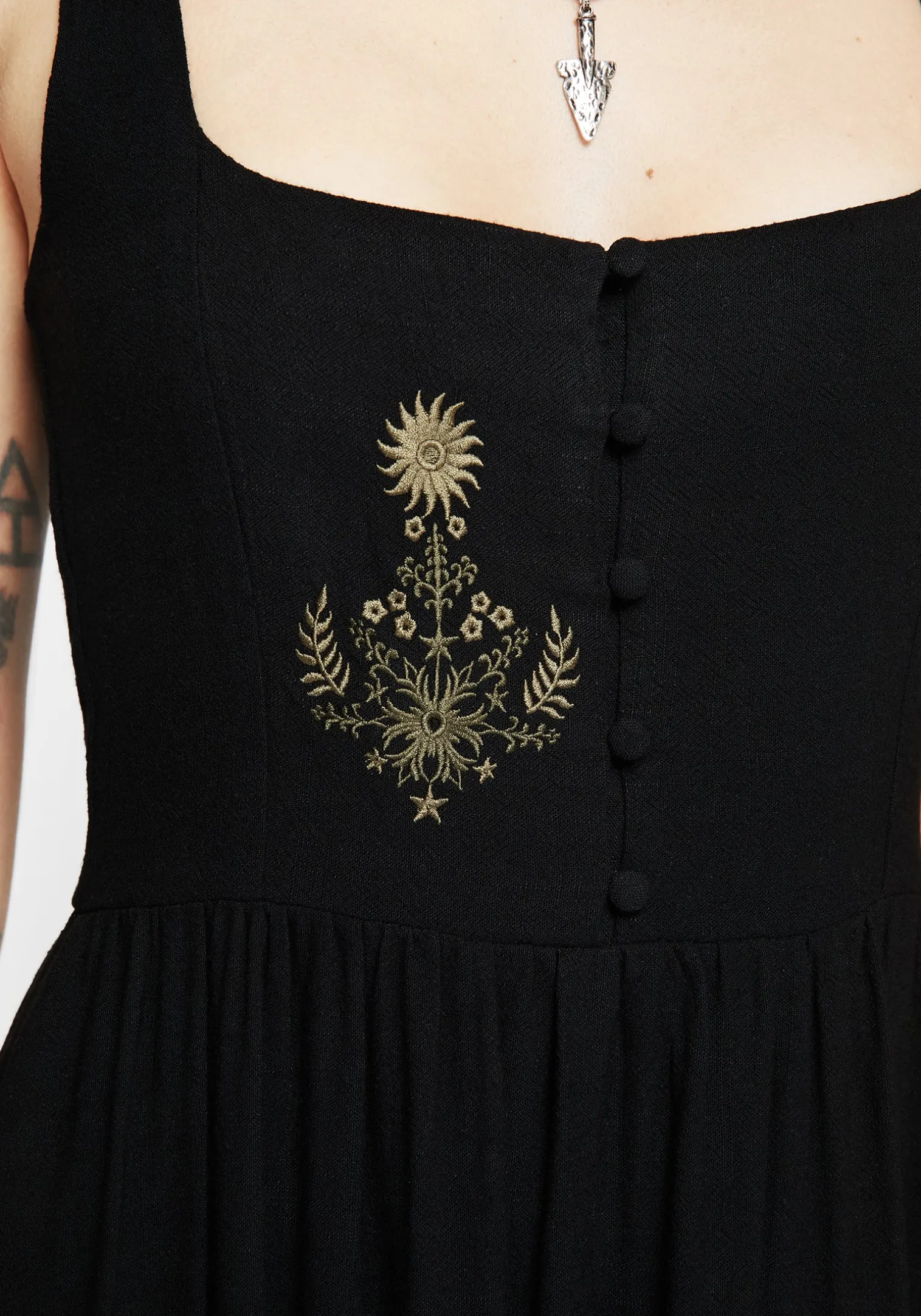 Foliate Linen-Blend Embroidered Sleeveless Midi Dress - Black