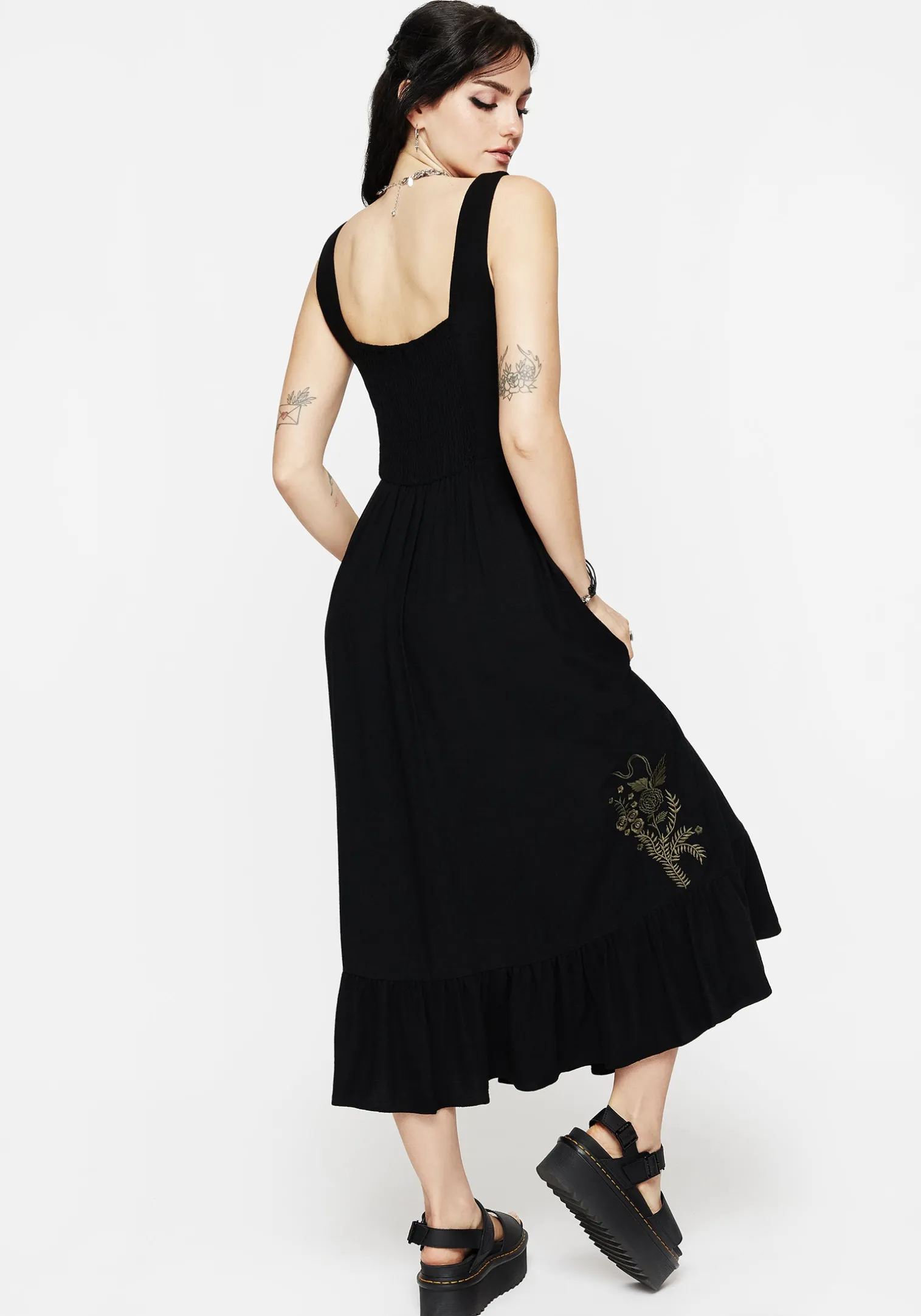 Foliate Linen-Blend Embroidered Sleeveless Midi Dress - Black