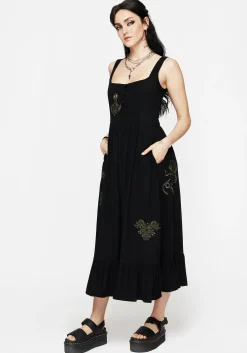 Foliate Linen-Blend Embroidered Sleeveless Midi Dress - Black