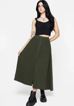 Foliate Linen-Blend Embroidered Button Up Midaxi Skirt - Green