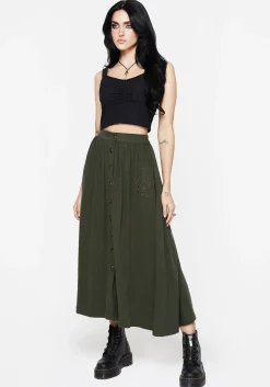 Foliate Linen-Blend Embroidered Button Up Midaxi Skirt - Green