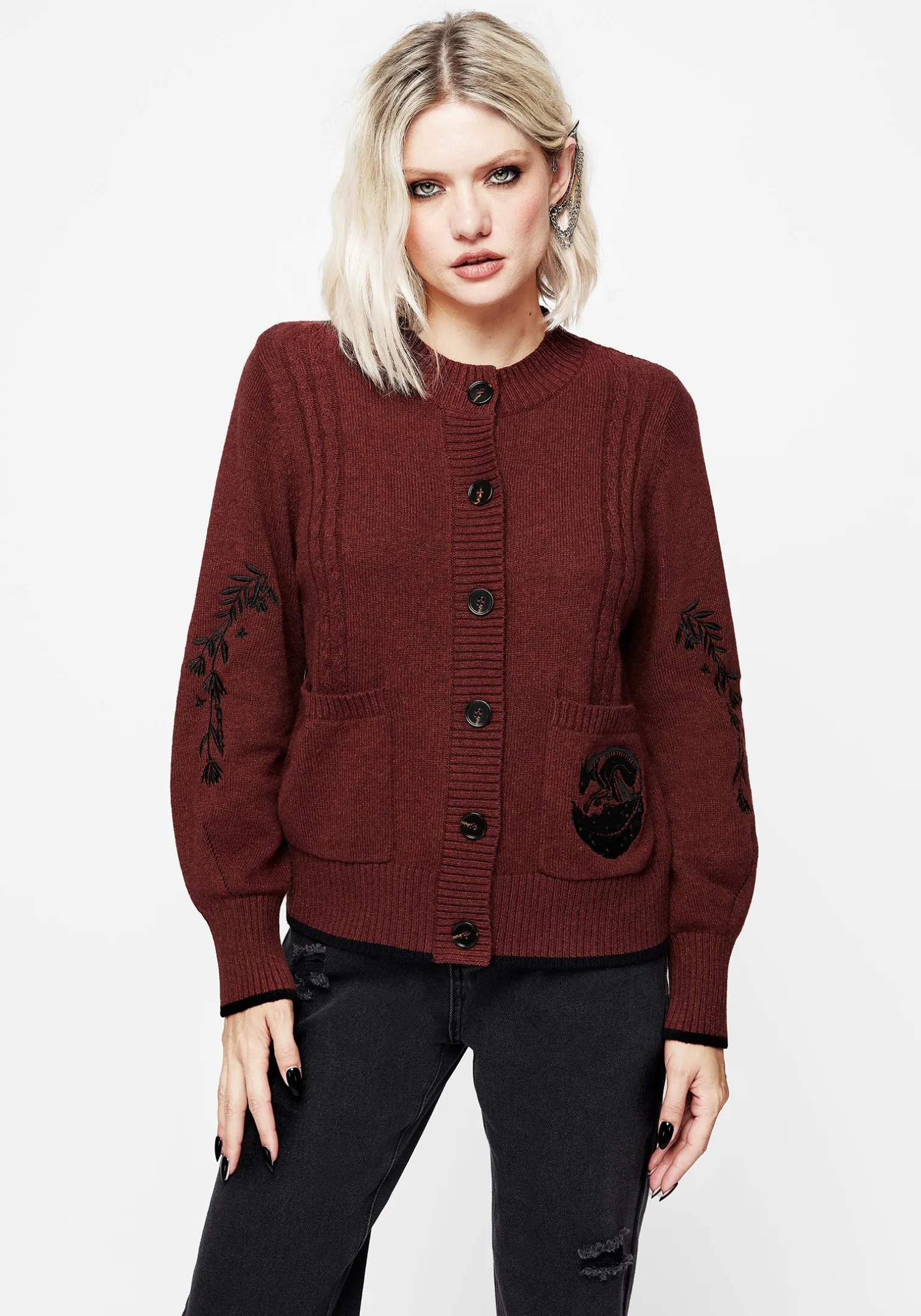 Foxfire Embroidered Cable Knit Cardigan