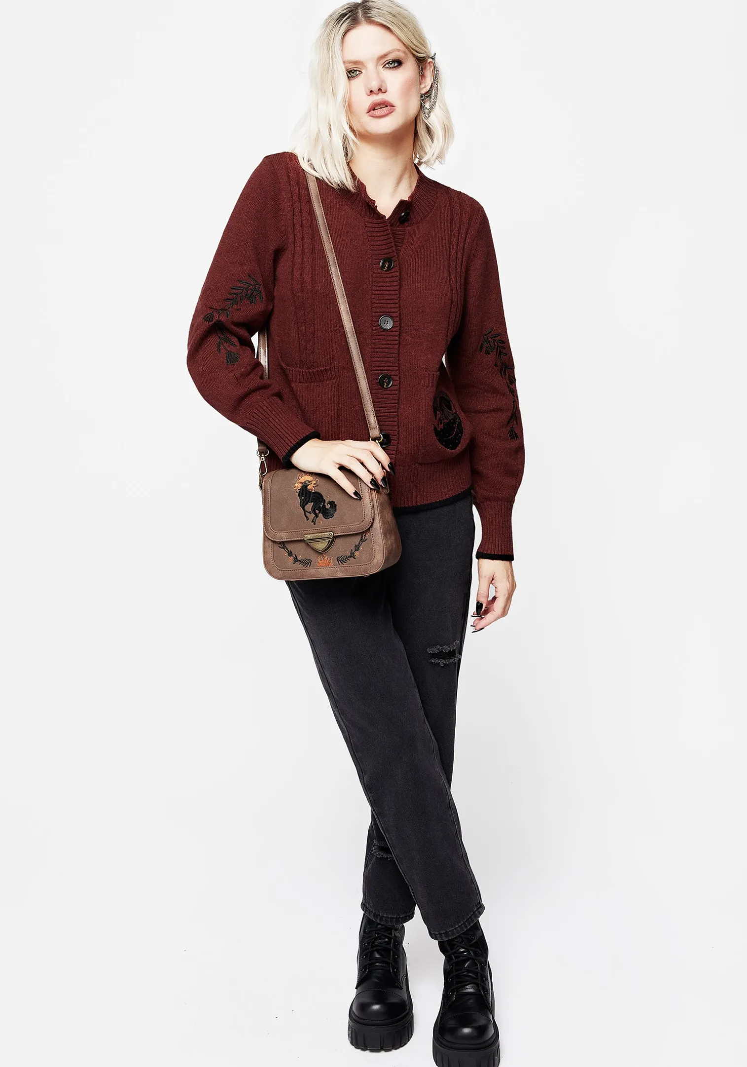 Foxfire Embroidered Cable Knit Cardigan