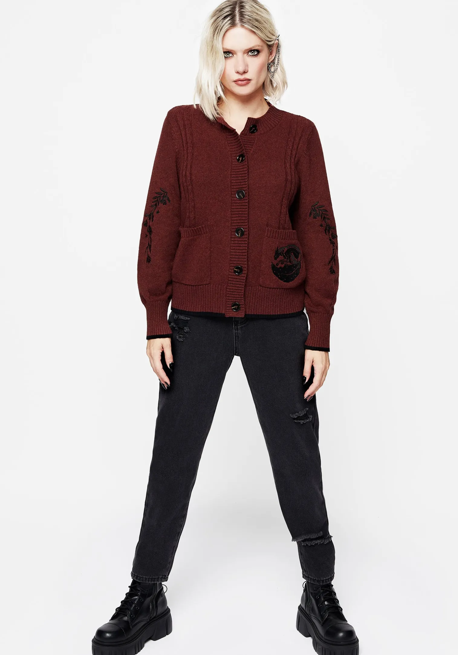 Foxfire Embroidered Cable Knit Cardigan