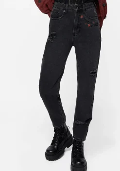 Foxfire Embroidered Distressed Mom Jeans