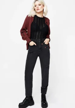 Foxfire Embroidered Distressed Mom Jeans