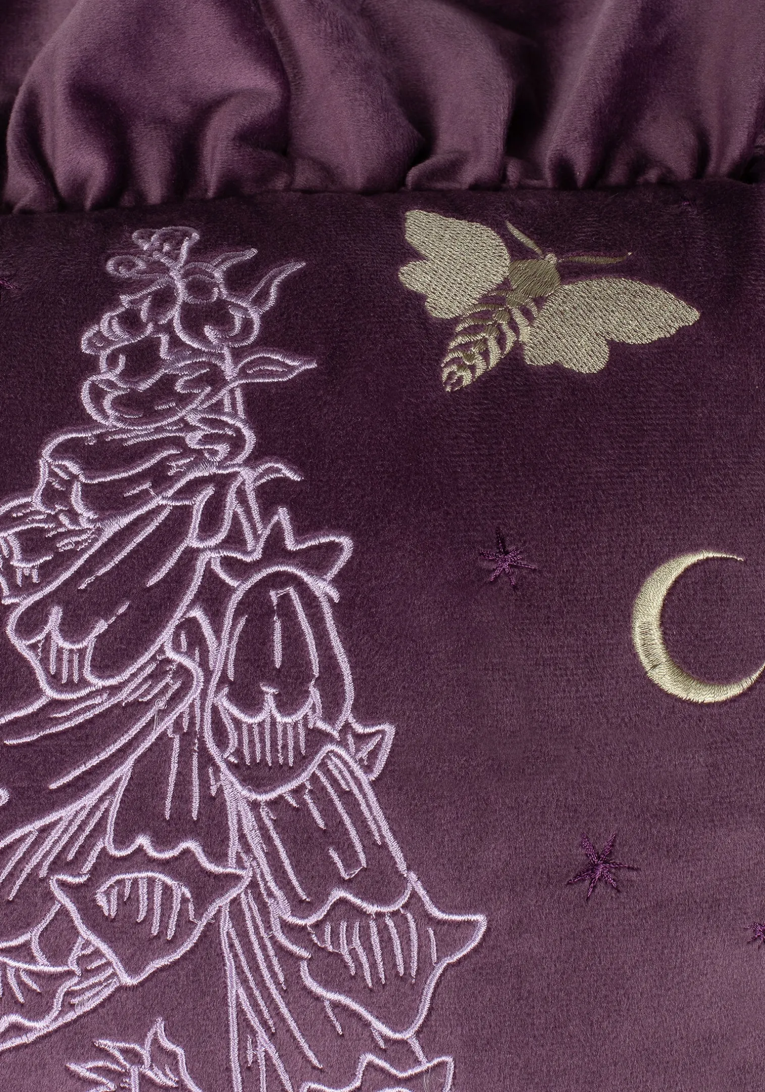 Foxglove Embroidered Velour Ruffle Cushion