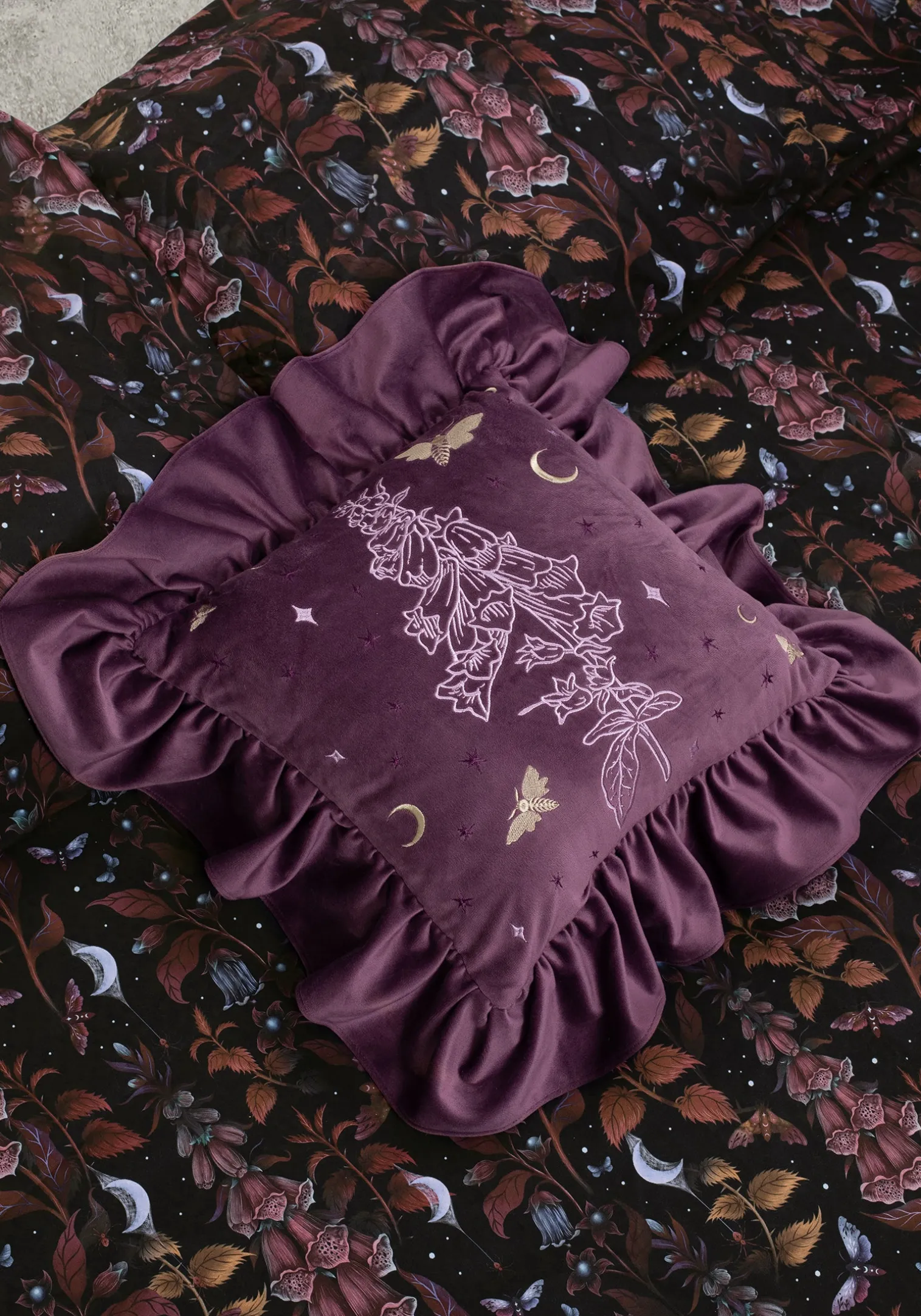 Foxglove Embroidered Velour Ruffle Cushion