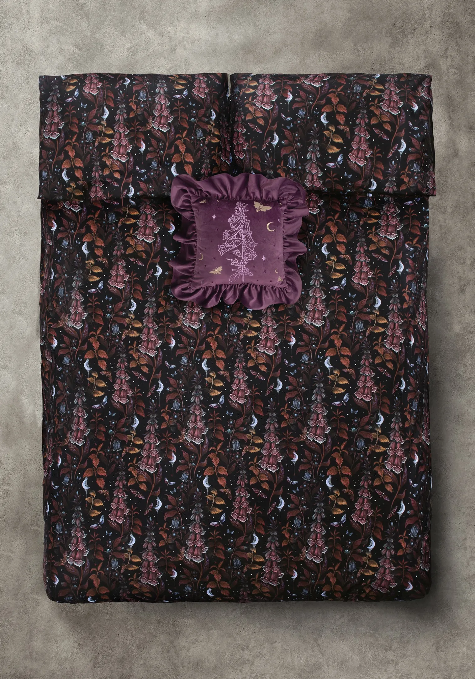Foxglove Embroidered Velour Ruffle Cushion
