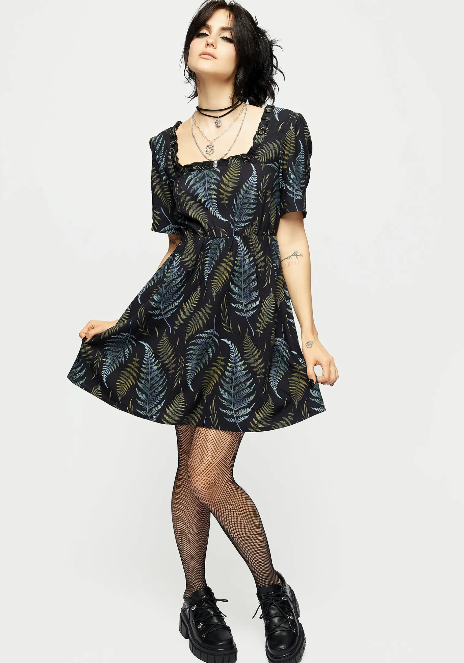 Frond Print Ruffle Shirred Mini Dress