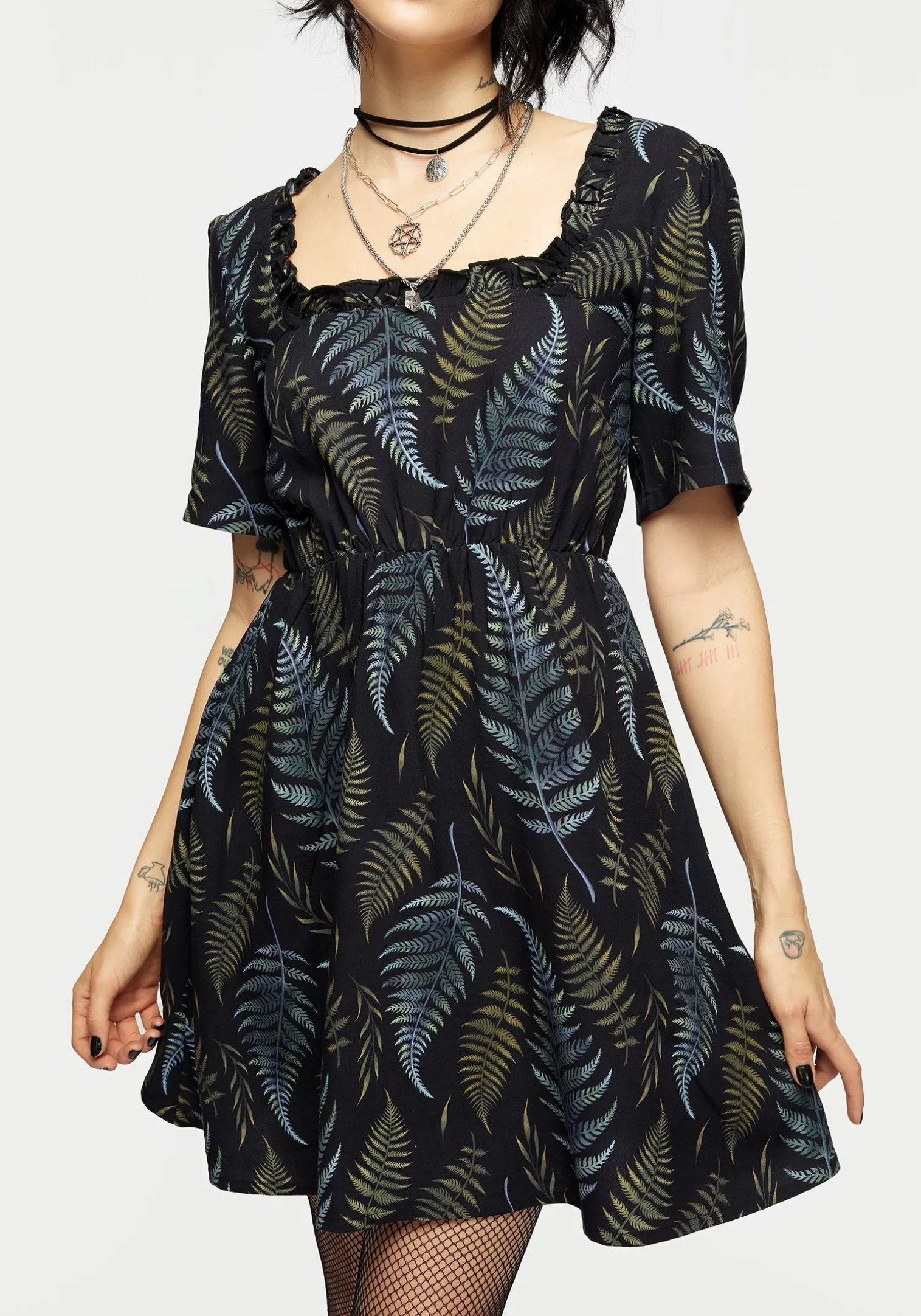 Frond Print Ruffle Shirred Mini Dress