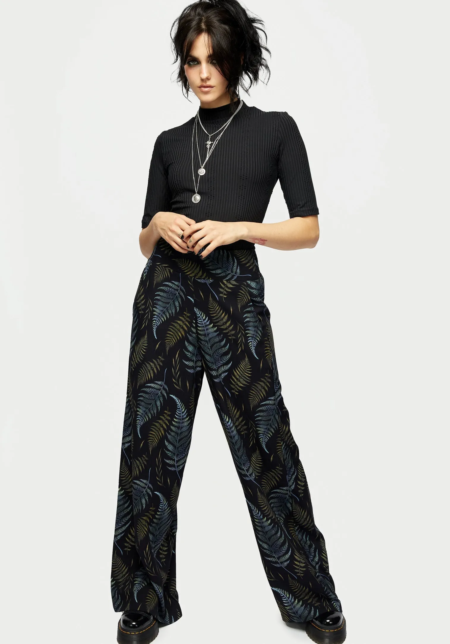 Frond Print Wide Leg Smocked Trouser