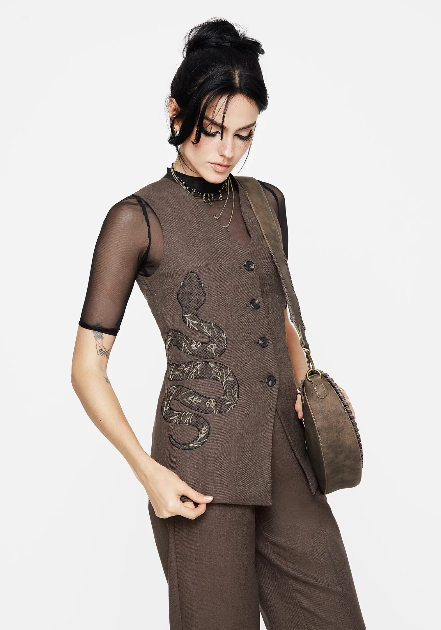 Gaia Linen Blend Snake Embroidered Longline Waistcoat