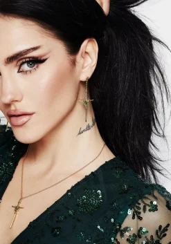 Galatine Green Stone Sword Earrings - Gold