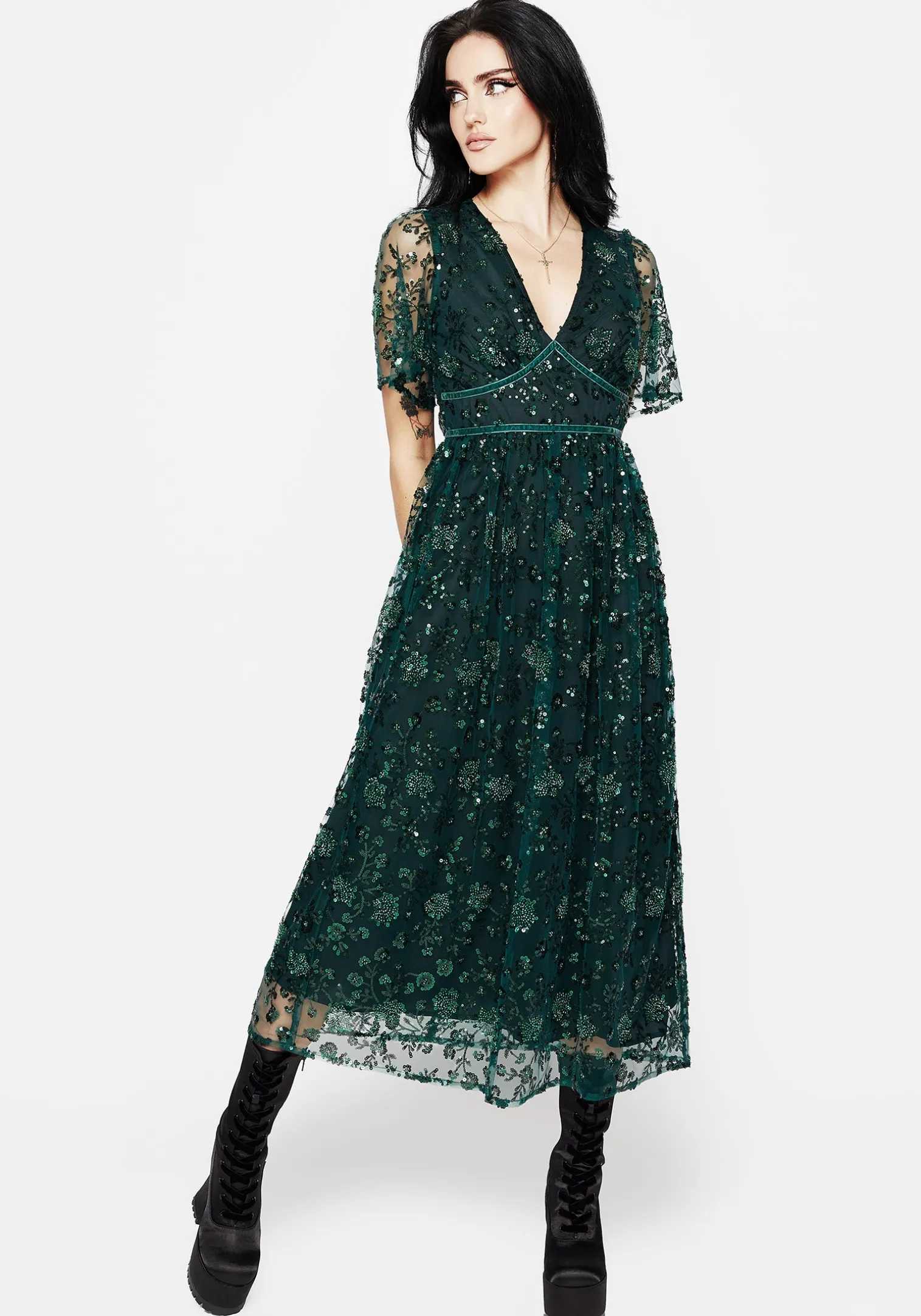 Glimmer Embroidered Sequin Lace Angel Sleeve Midaxi Dress