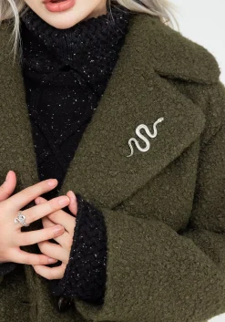 Gorgon Bouclé Oversized Coat with Snake Brooch - Green