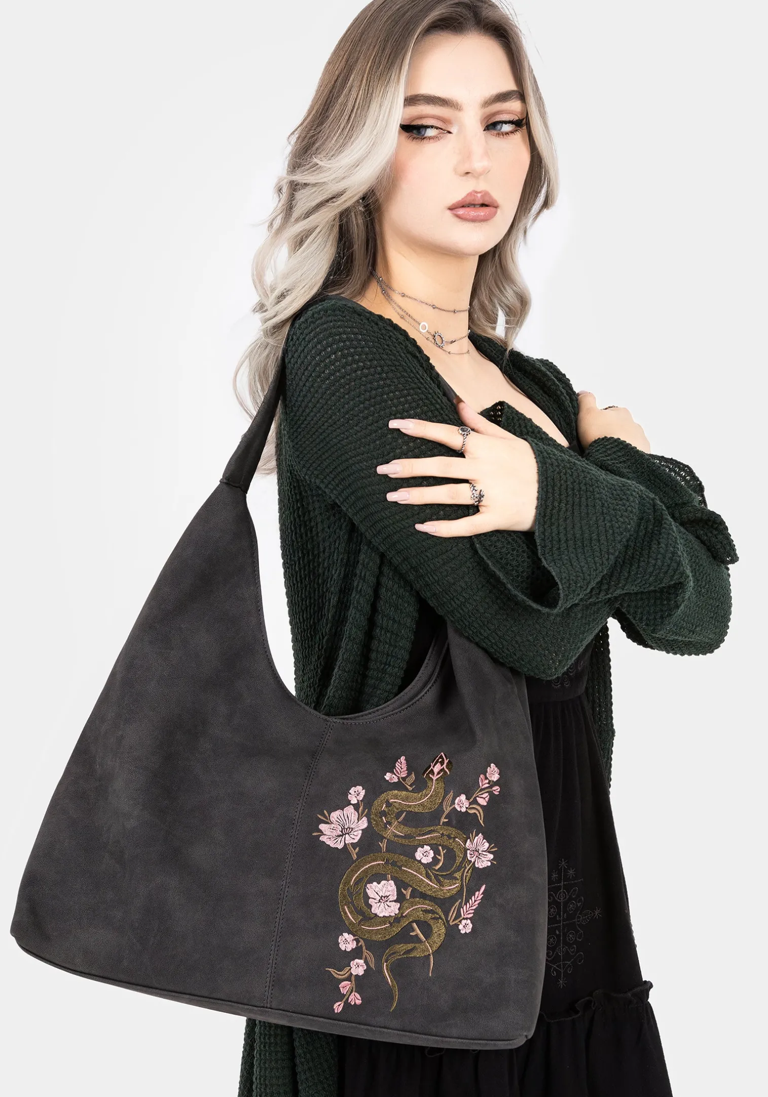 Gorgon Snake Embroidered Faux Suede Tote Bag