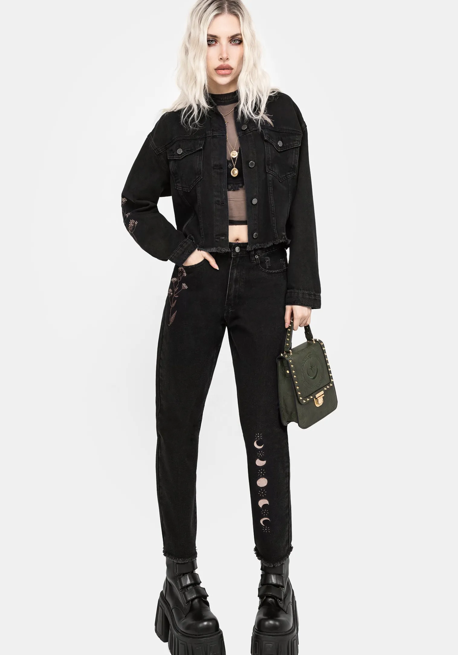 Griffinfly Embroidered Distressed Denim Mom Jeans