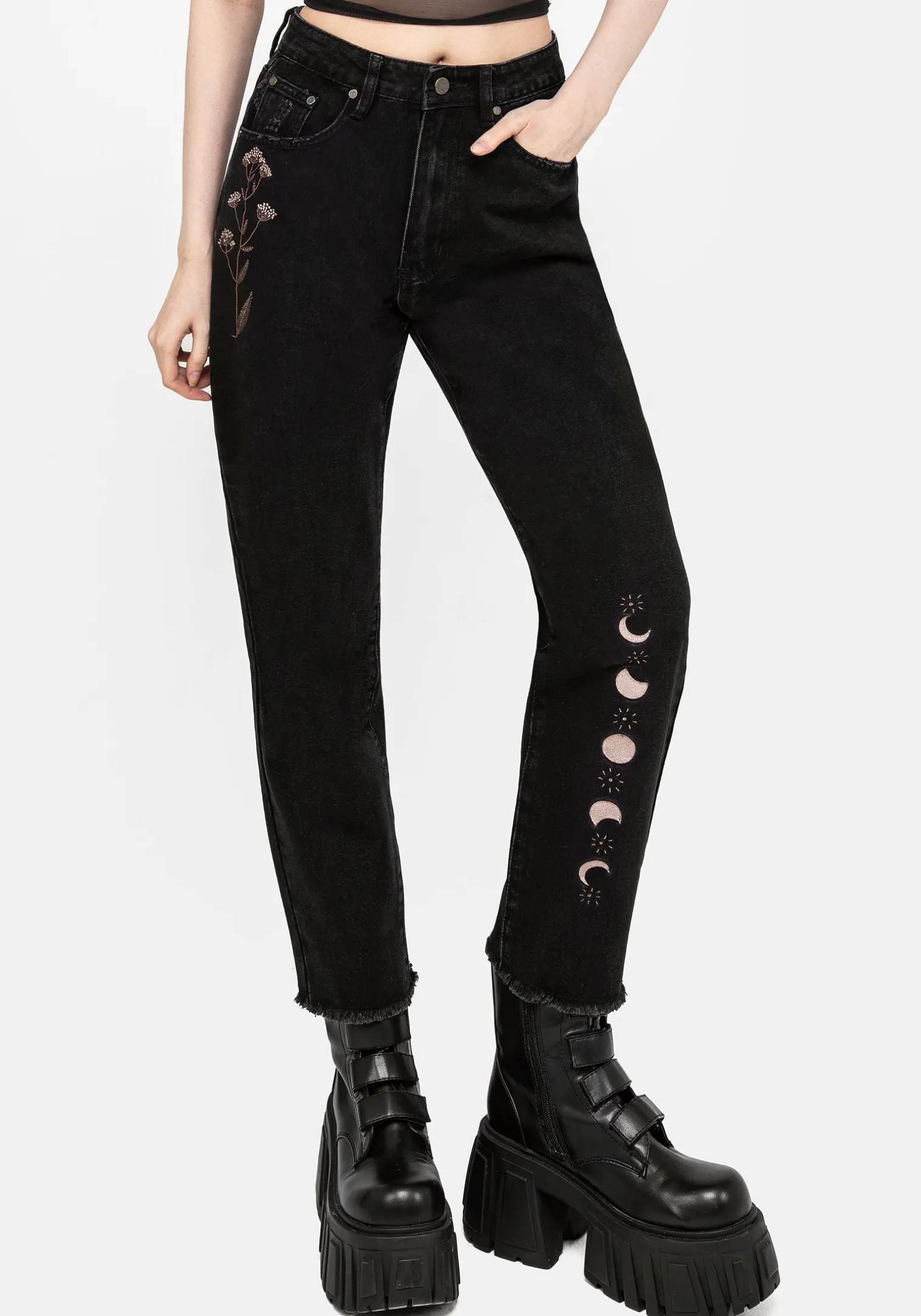 Griffinfly Embroidered Distressed Denim Mom Jeans
