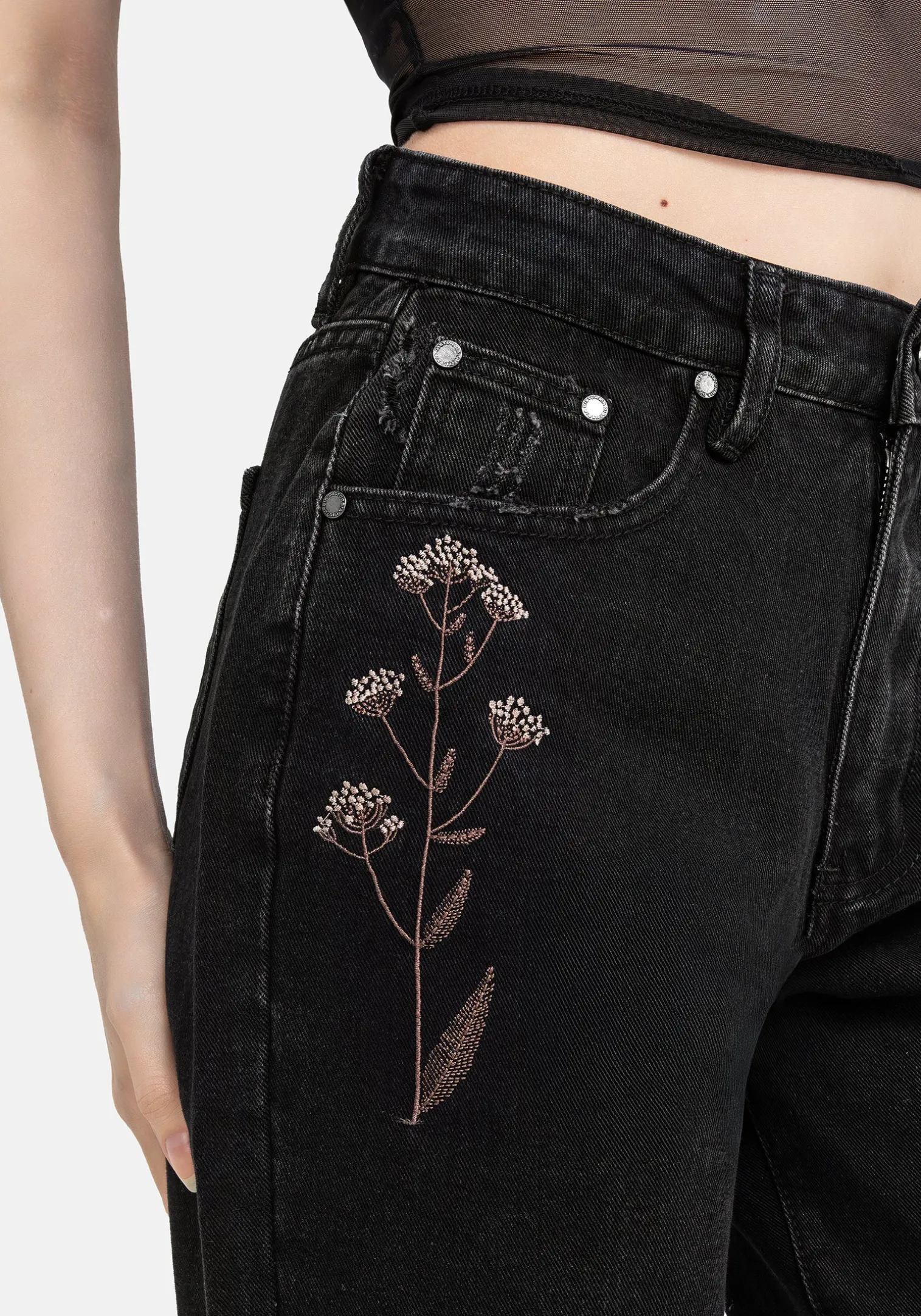Griffinfly Embroidered Distressed Denim Mom Jeans