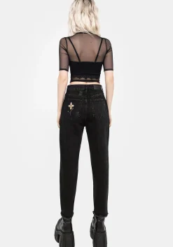 Griffinfly Embroidered Distressed Denim Mom Jeans