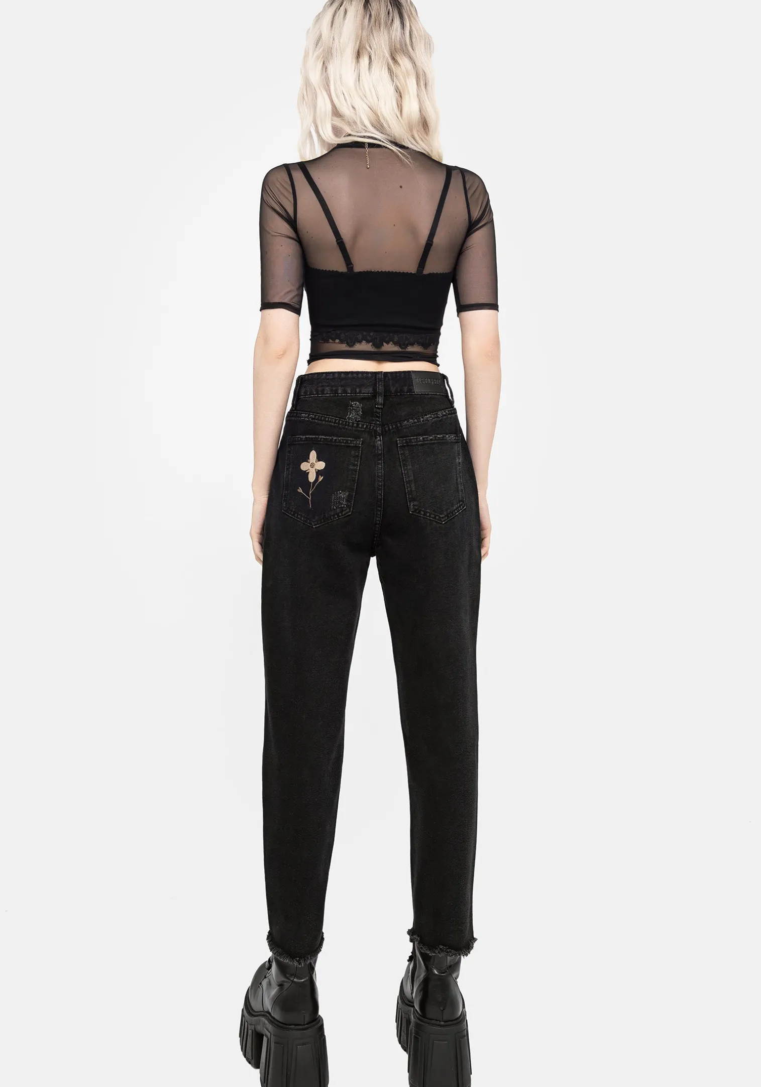 Griffinfly Embroidered Distressed Denim Mom Jeans