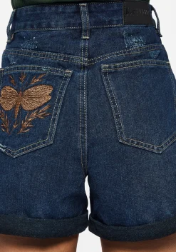 Griffinfly Embroidered Distressed Denim Shorts - Blue