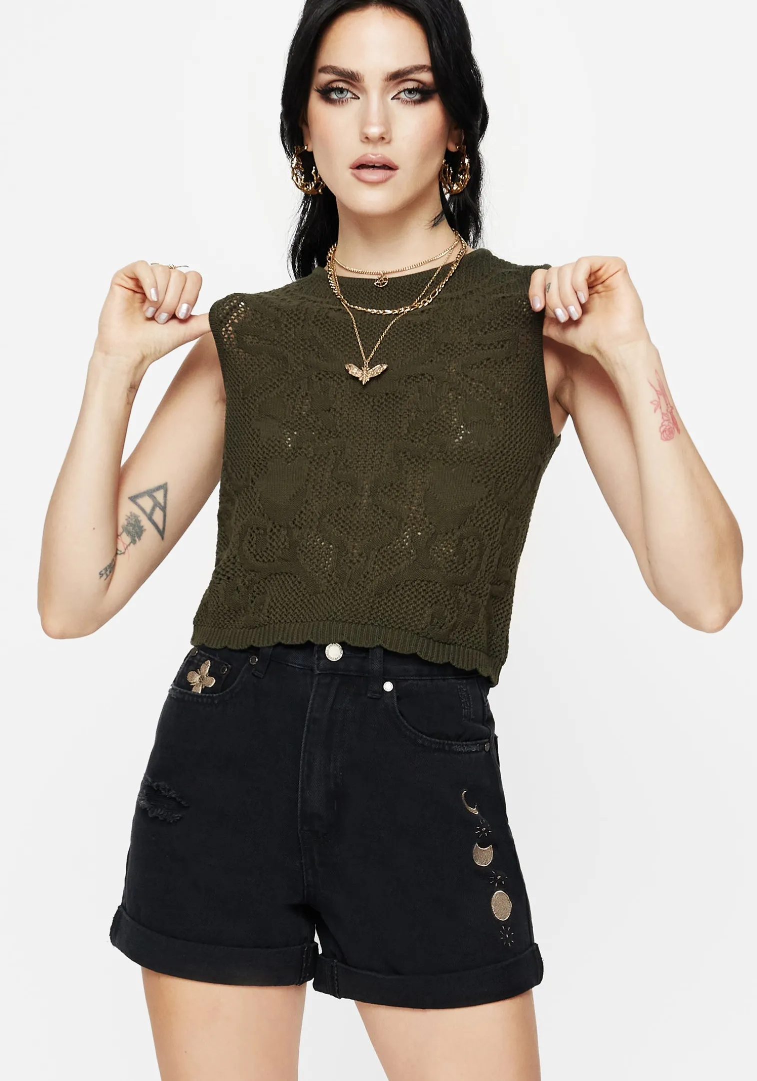 Griffinfly Embroidered Distressed Denim Shorts